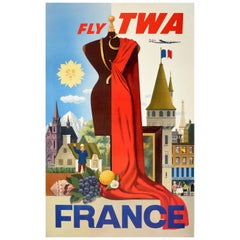 Original Vintage Travel Poster France Fly TWA Lockheed Constellation Fashion Art