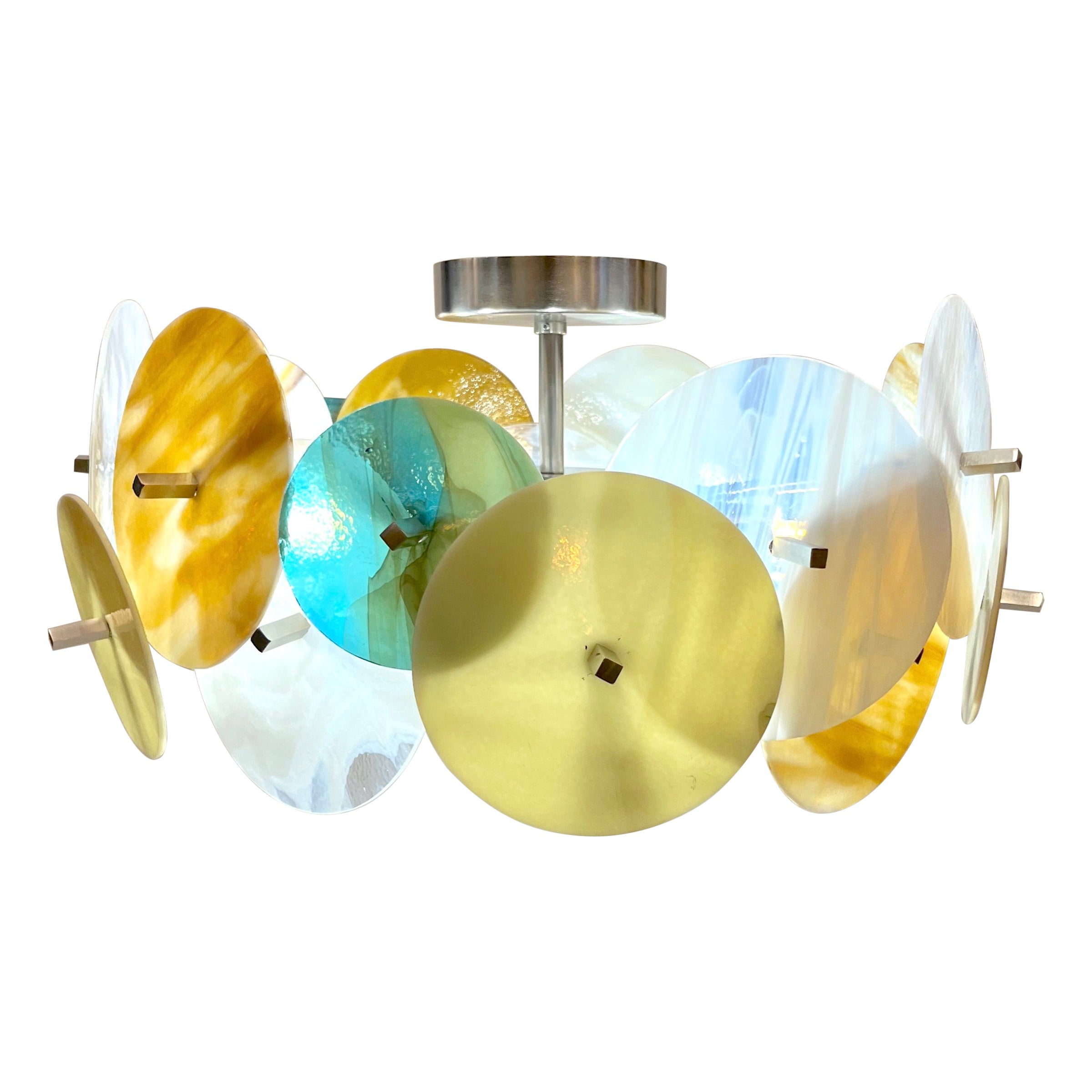 Lustre circulaire italien Spoutnik en verre de Murano nickelé, jaune, blanc et bleu pastel
