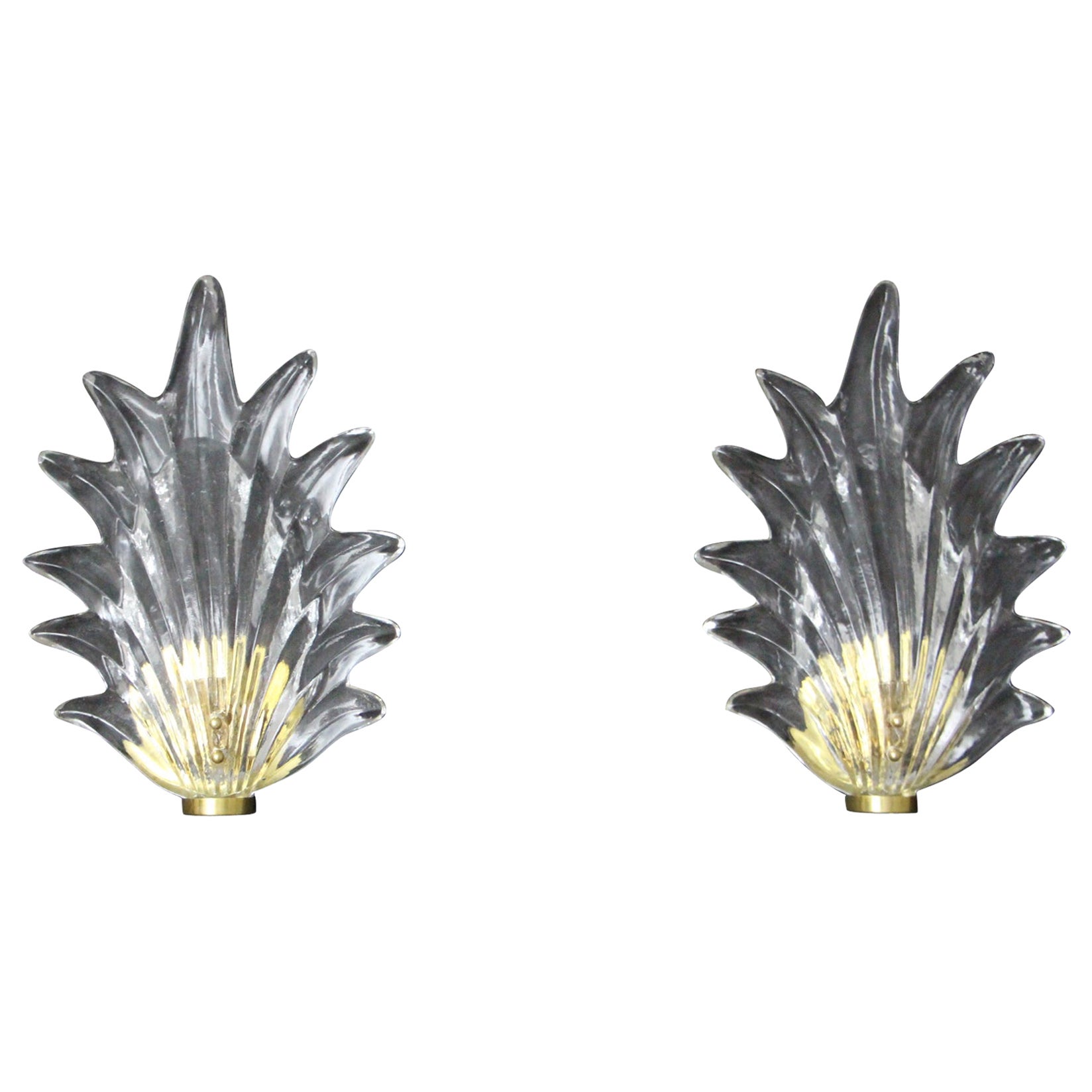 Pair of Clear Murano Glass Leaf and Brass Sconces in Barovier Style For Sale