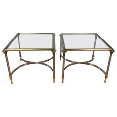 Pair of Italian Maison Jansen Style Brass and Brushed Steel End Tables