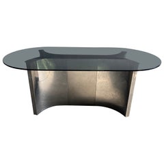 Mid-Century Modern Italian Dining Stainless Steel Table with Smoked Glass Top
