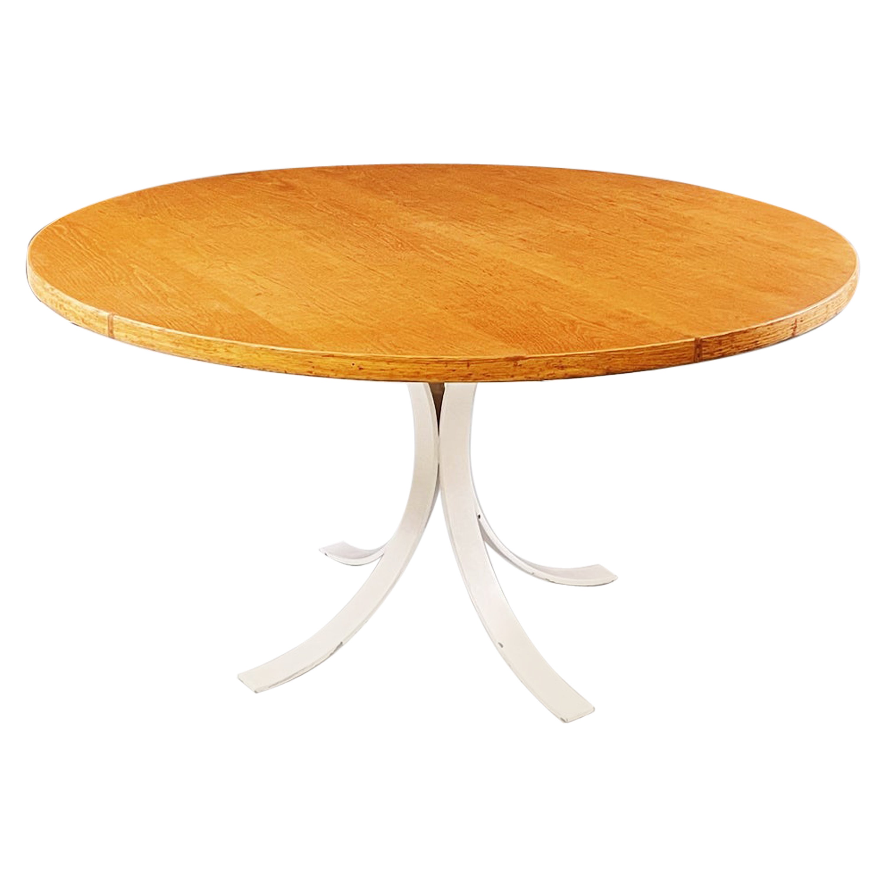 Italian Modern Round Dining Table in White Metal and Solid Wood, 1970s