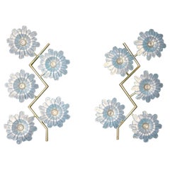 Large Pair of Sconces with Iridescent Blue Murano Glass Flowers, Blue Wall Light