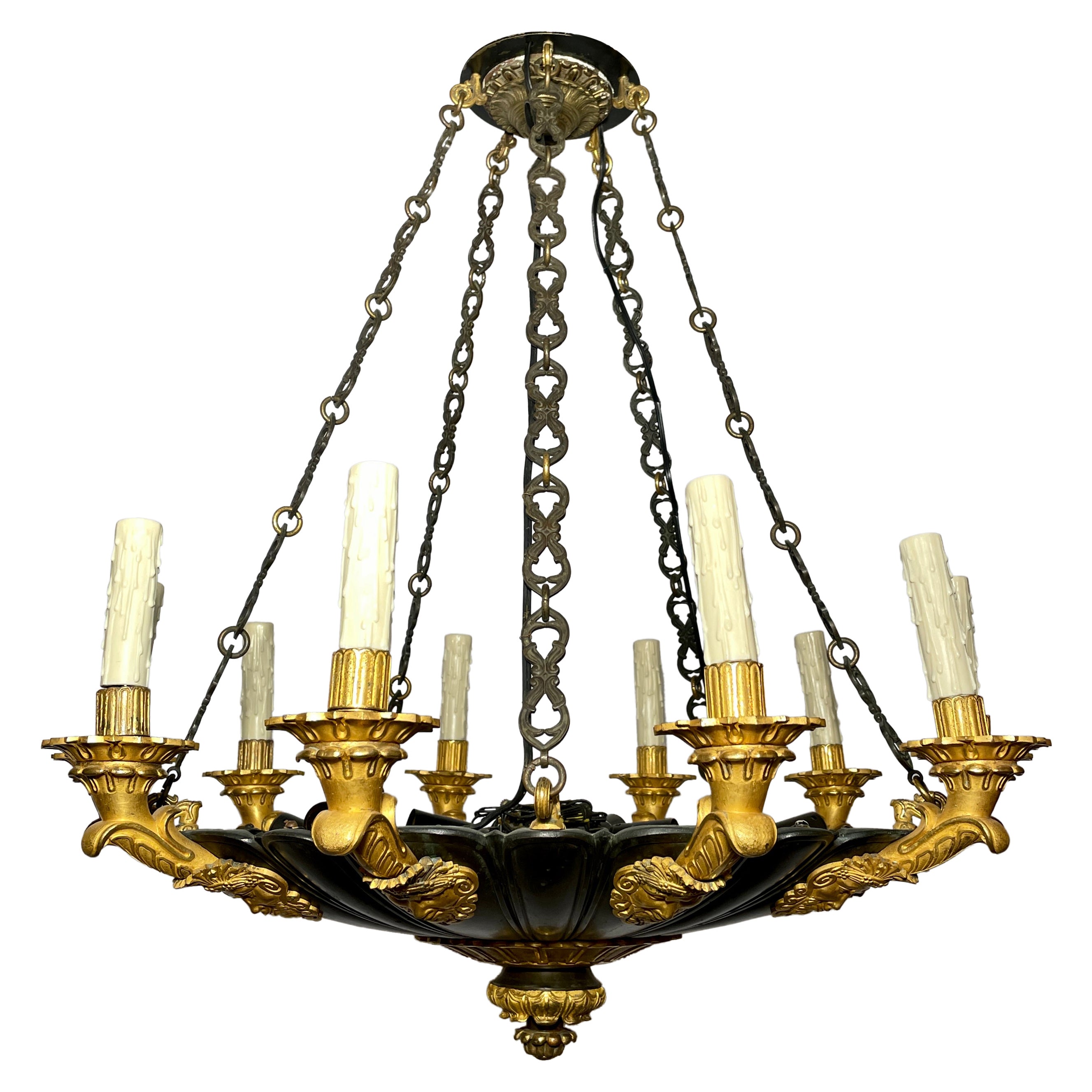 Antique 19th Century French Empire Patinated Bronze & Ormolu Chandelier Ca. 1880 For Sale