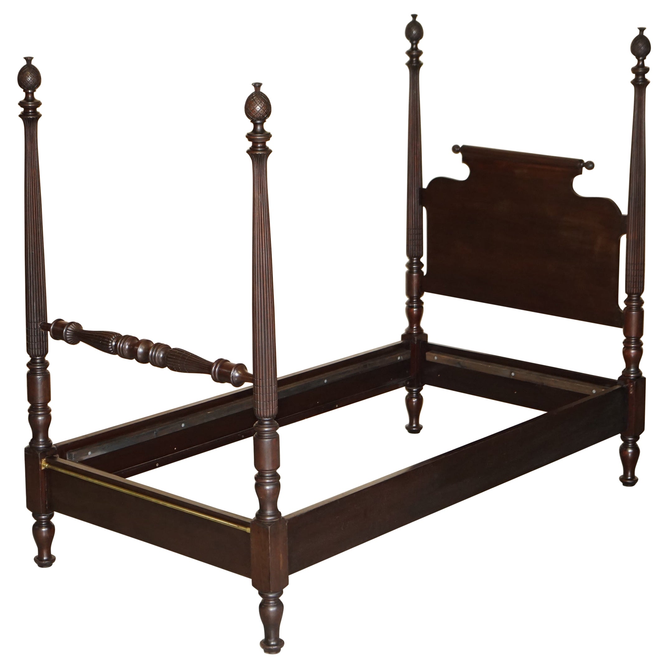 Circa 1800 American Federal Hardwood Four Poster Bed Frame with Carved Pillars For Sale