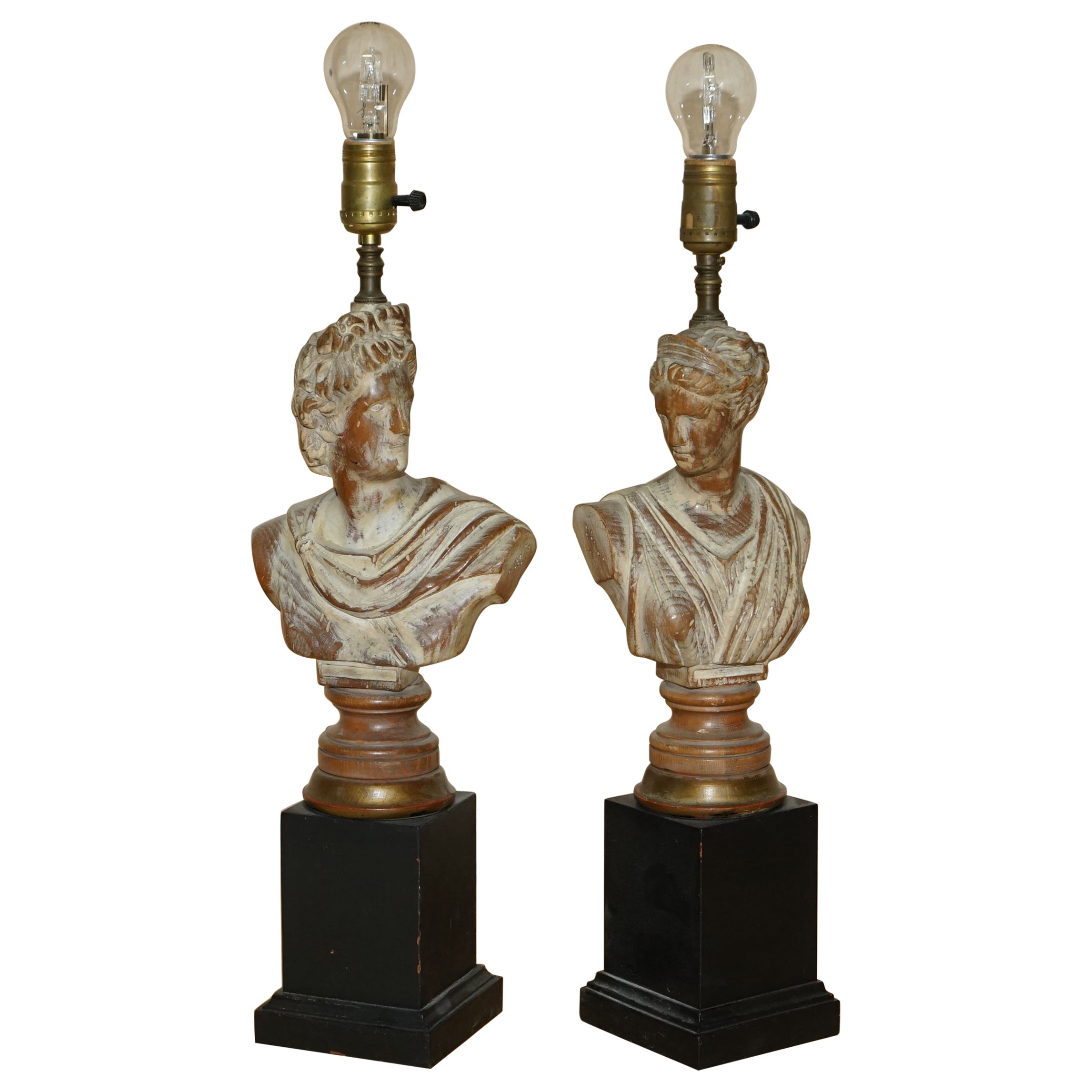 Fine Pair of Vintage Neoclassical French Carved Wood Limed Oak Bust Lamps For Sale