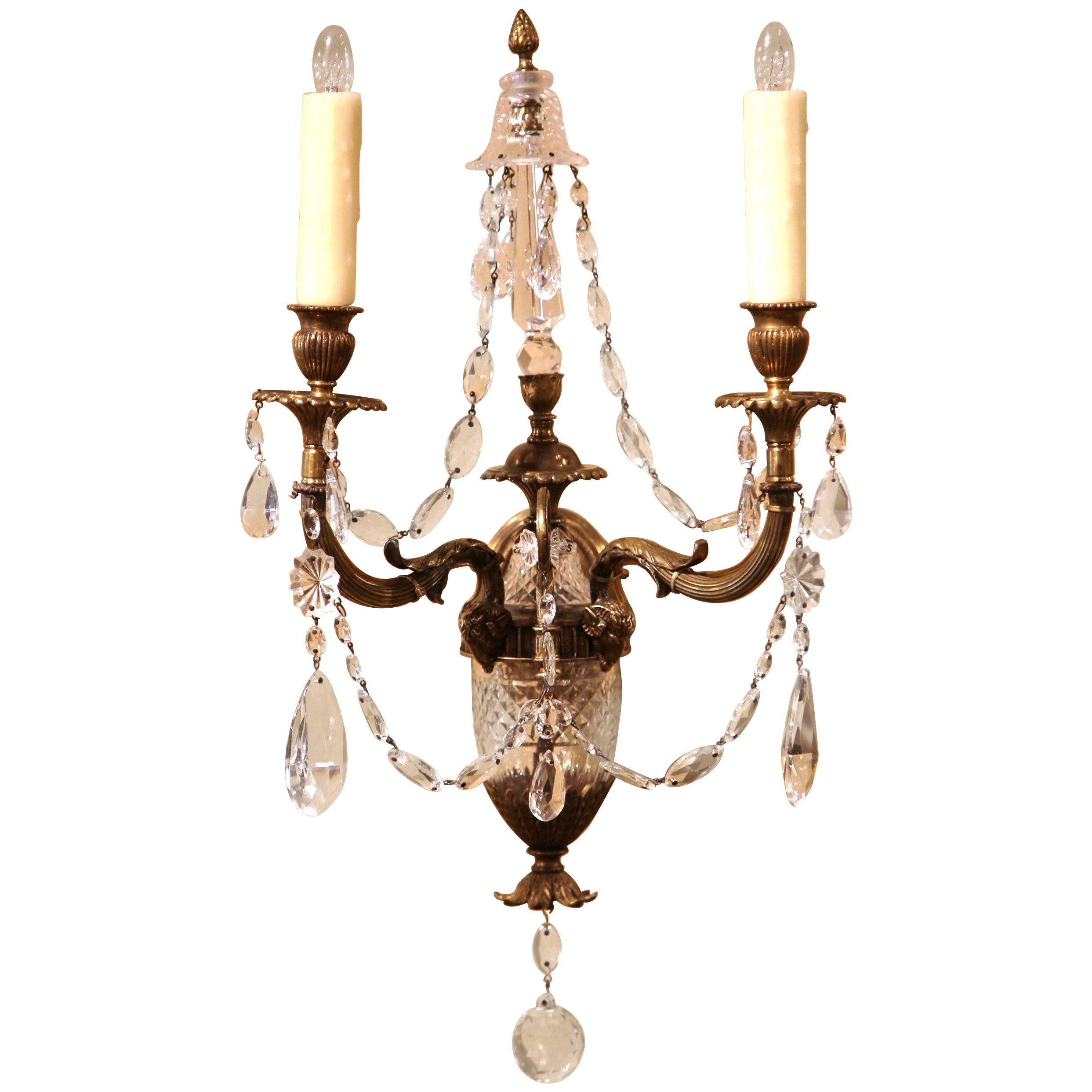 19th Century French Louis XVI Bronze and Cut-Glass Two-Light Sconce For Sale