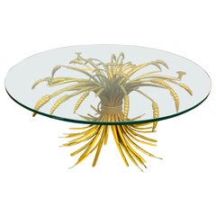 Vintage 1950s Hollywood Regency Italian Gilt Wheat Sheaf Round Clear Glass Coffee Table