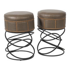 Pair of Modern Studded Leather Bar Stools 