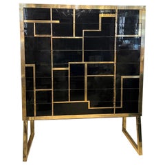 Black Opaline Glass High Chest with Brass and Gold Opaline Glass Inserts, 1970s