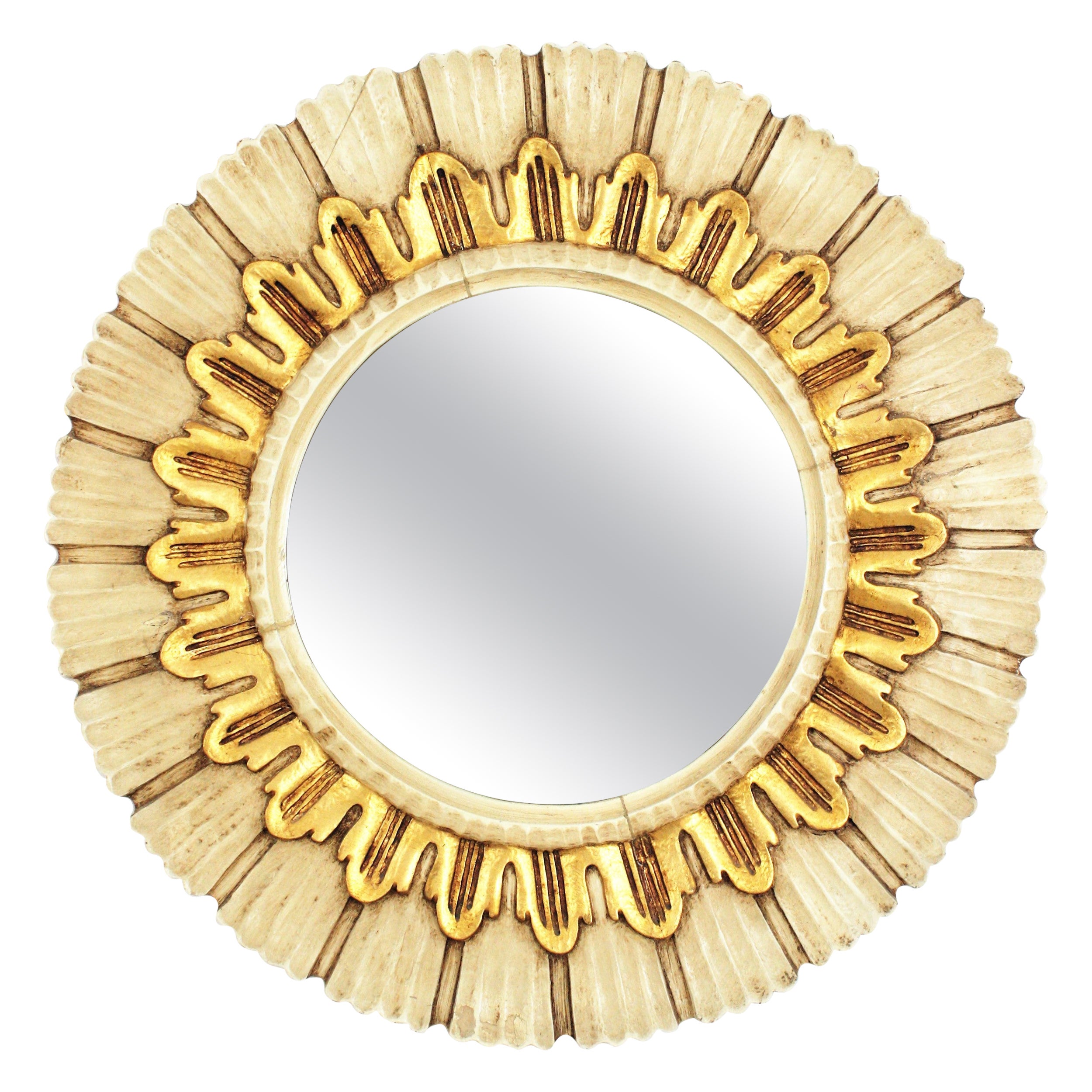 Spanish Sunburst Round Wall Mirror in Beige and Gold Giltwood