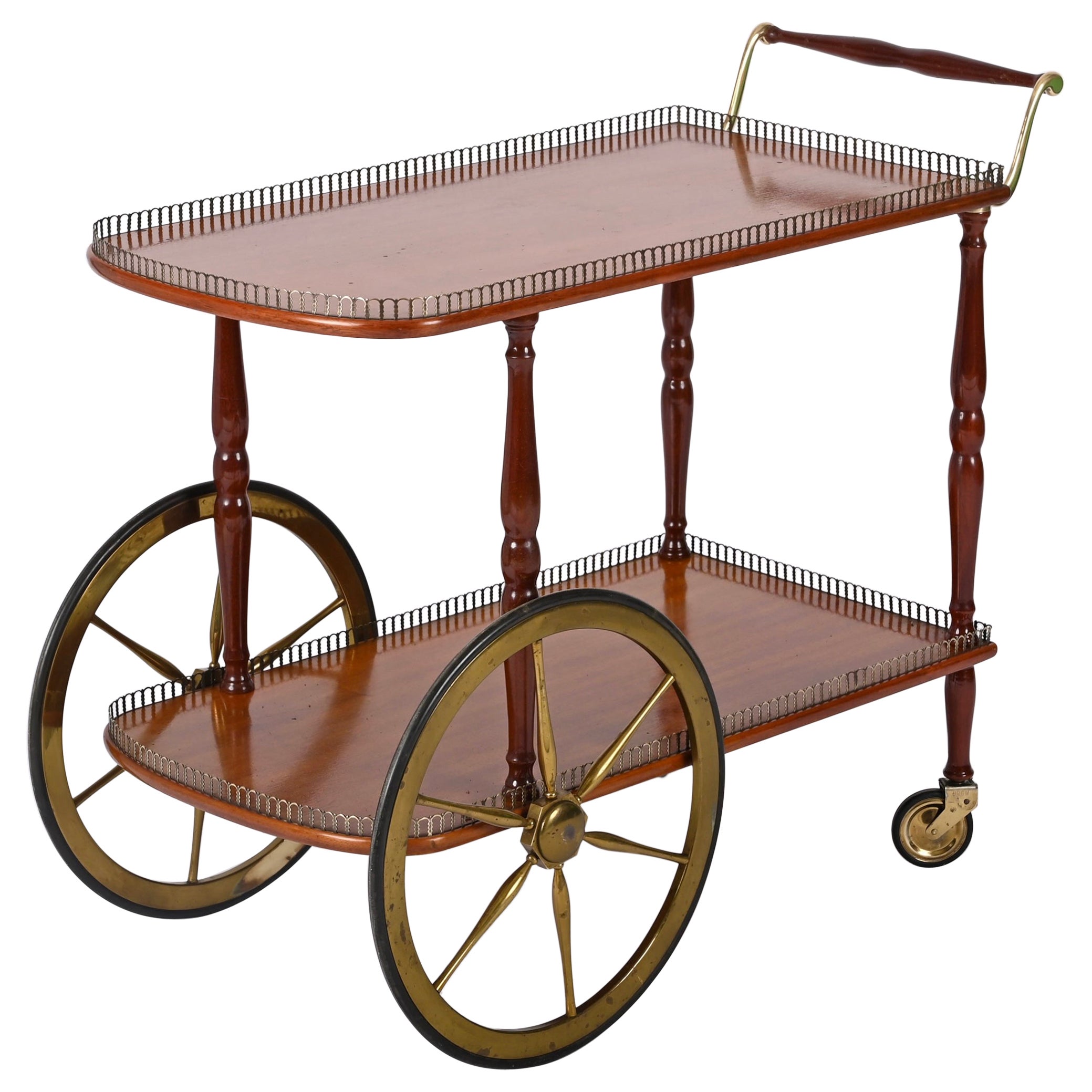 Chariot de bar de service italien en bois d'acajou et laiton du milieu du siècle, années 1960 en vente