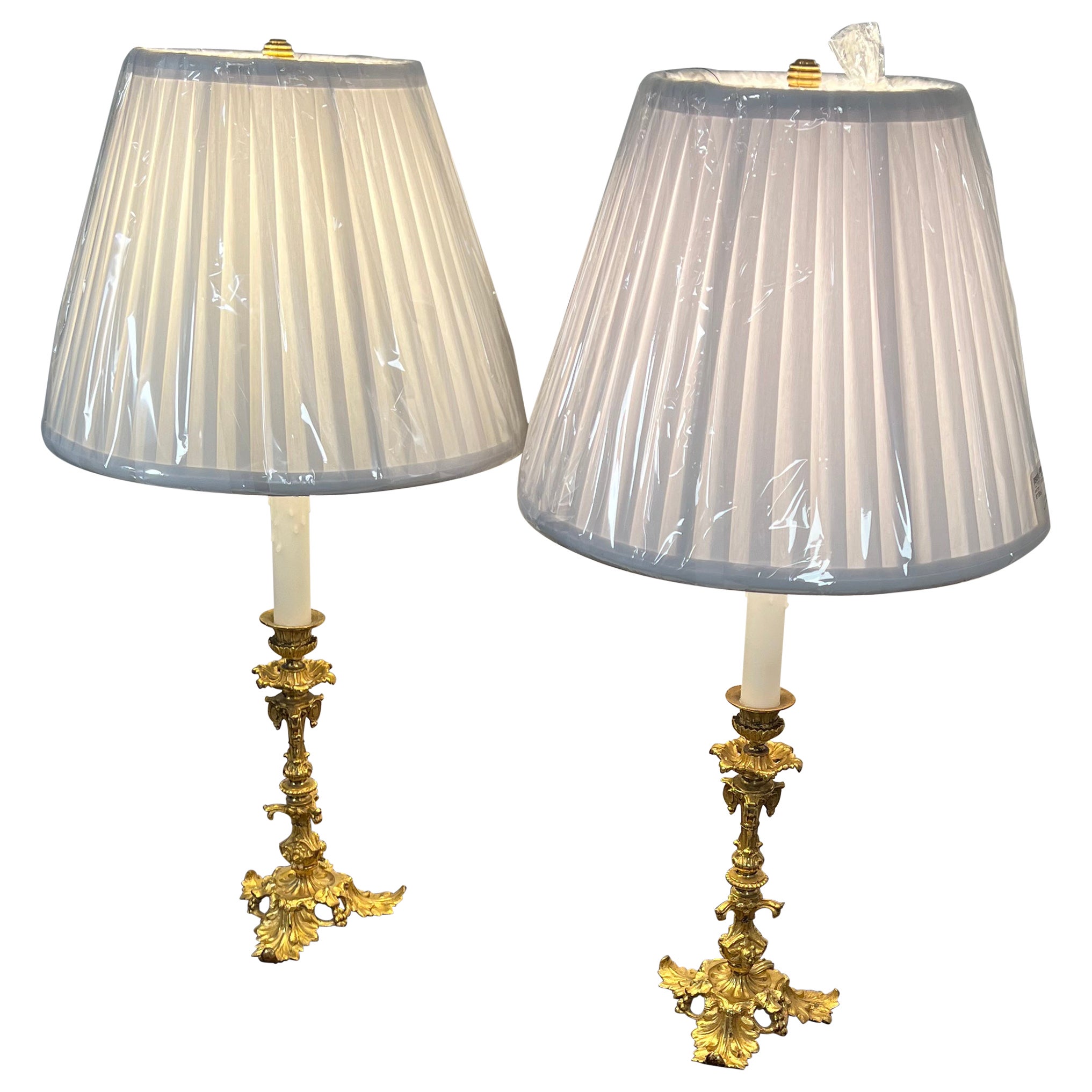 Pair of Ormolu Candlestick Form Lamps, 19th Century with Pleated Shades For Sale