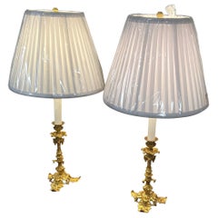 Pair of Ormolu Candlestick Form Lamps, 19th Century with Pleated Shades