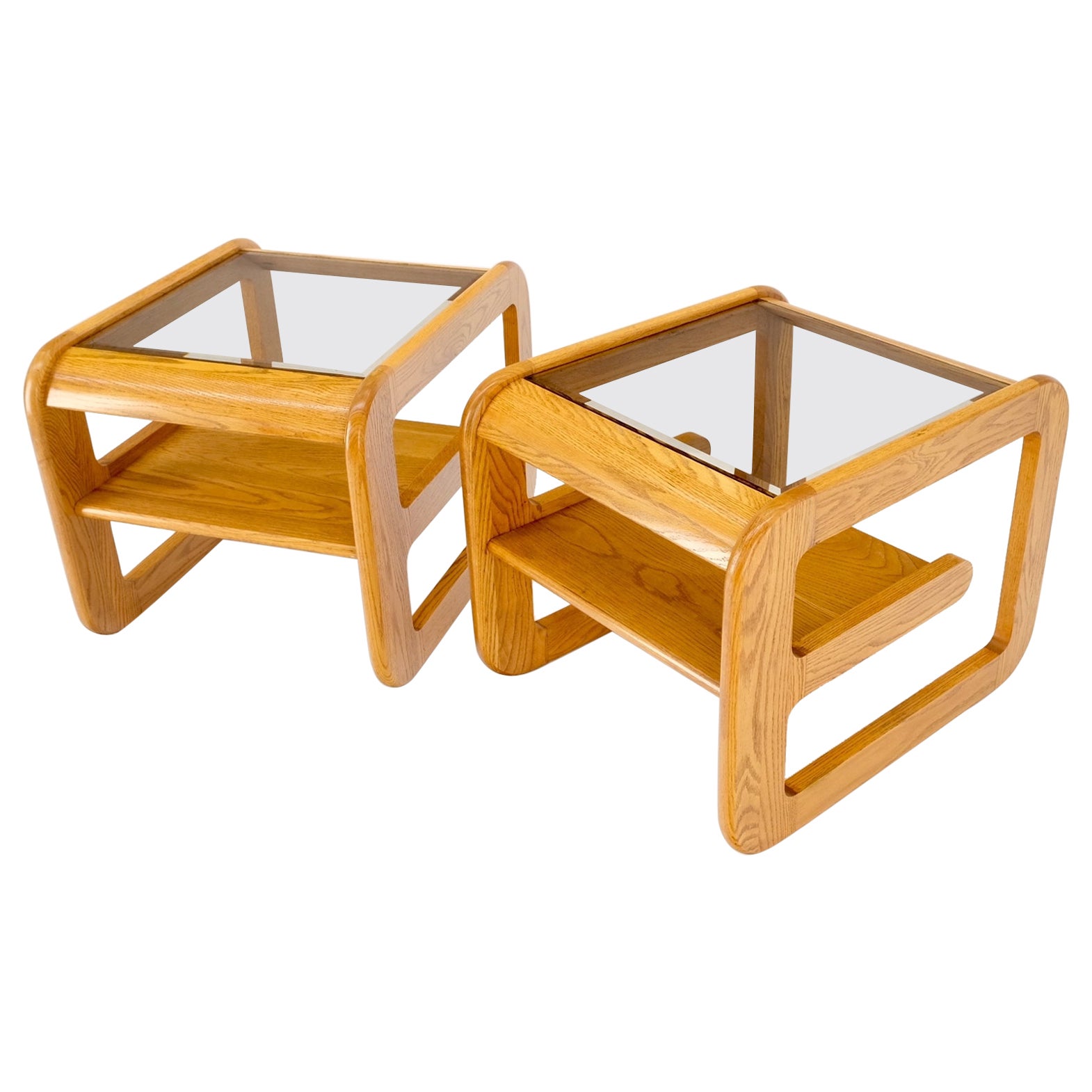Pair of Mid-Century Solid Oak Smoked Glass Top End Side Tables W Shelves Mint! For Sale