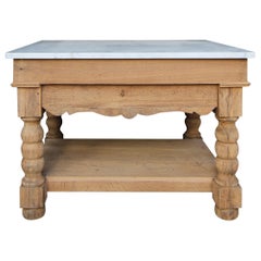 Antique Kitchen Prep Table or Kitchen Island Made of Oak and Carrara Marble