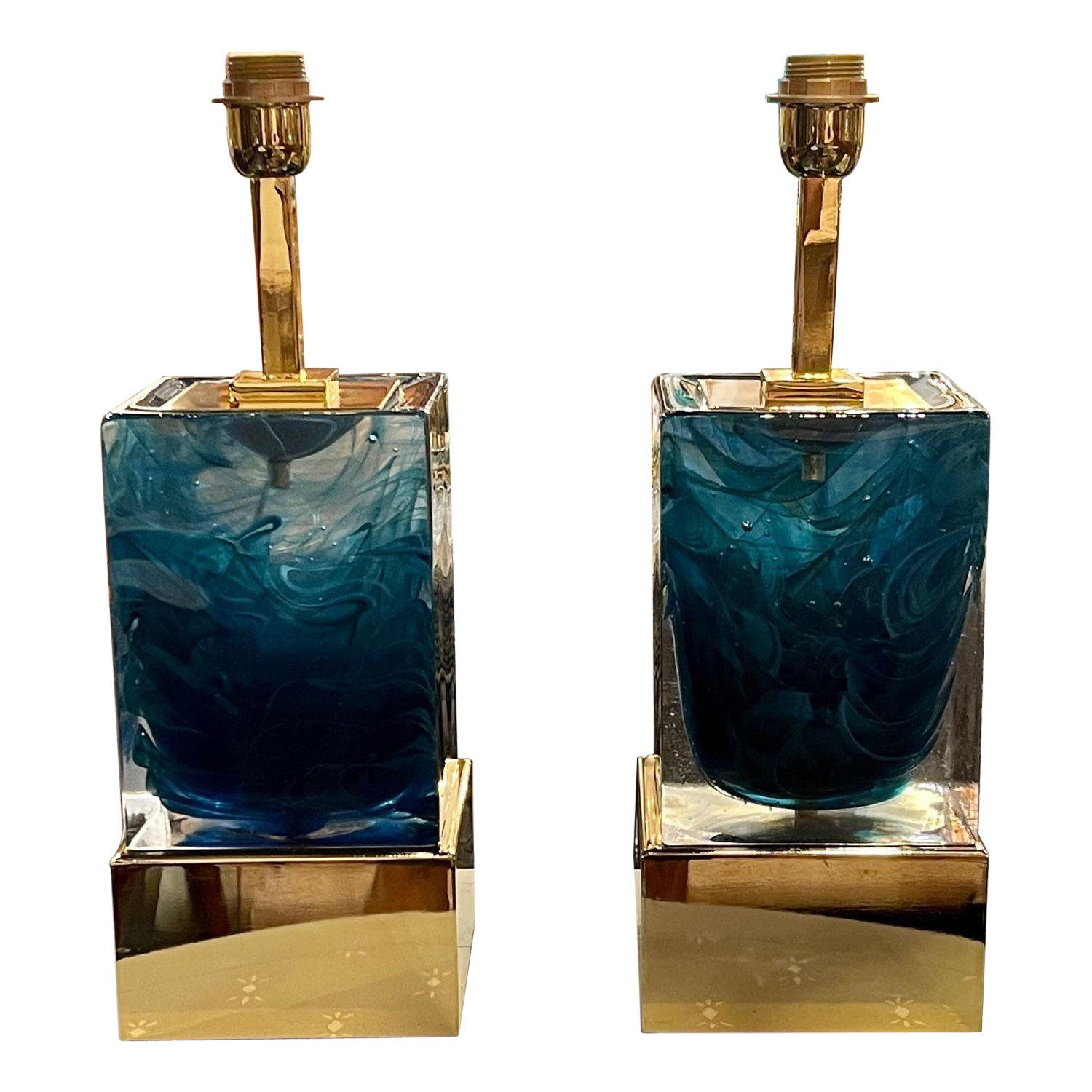 Pair of Murano Glass Block Lamps For Sale