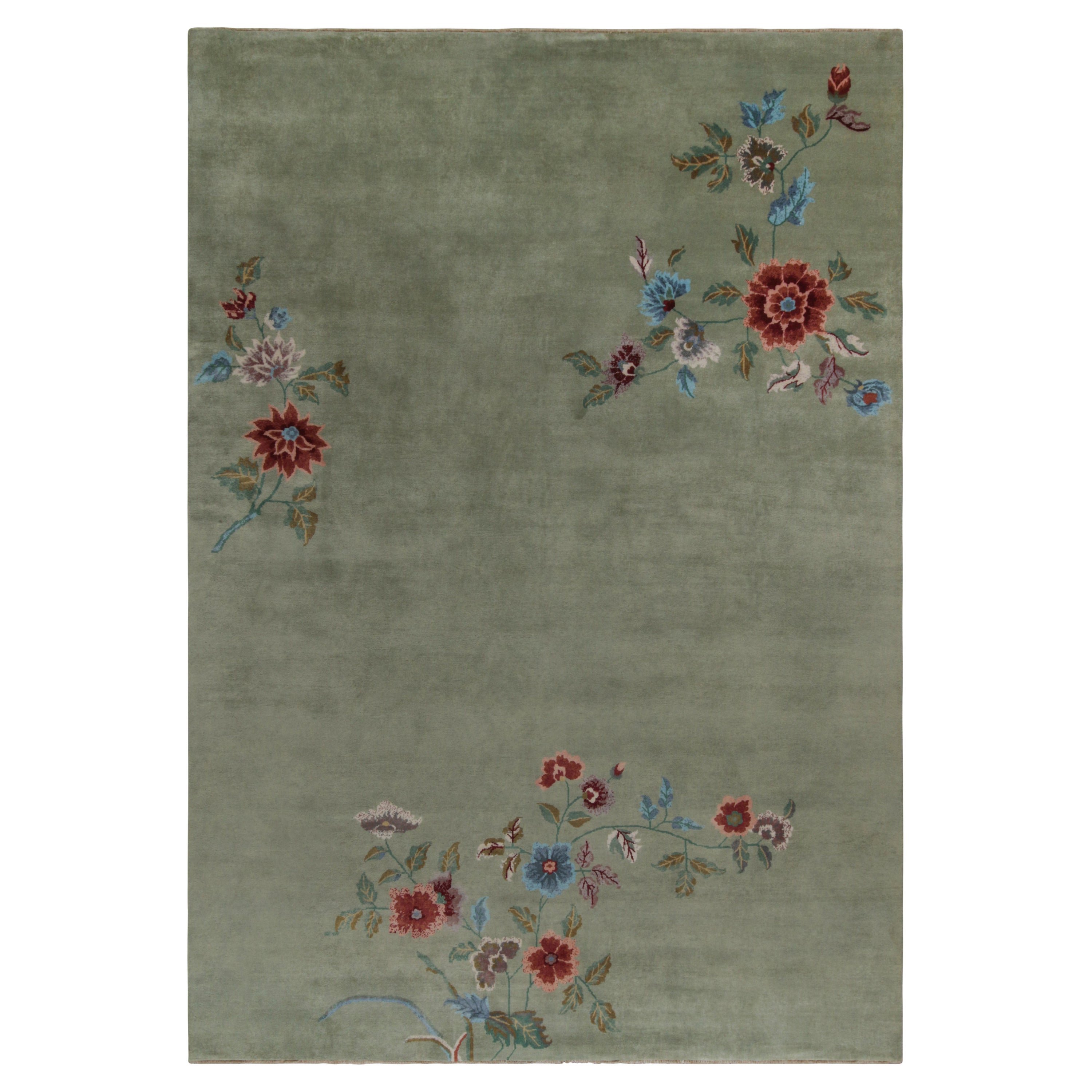 Rug & Kilim’s Chinese Style Art Deco Rug in Green with Floral Patterns For Sale