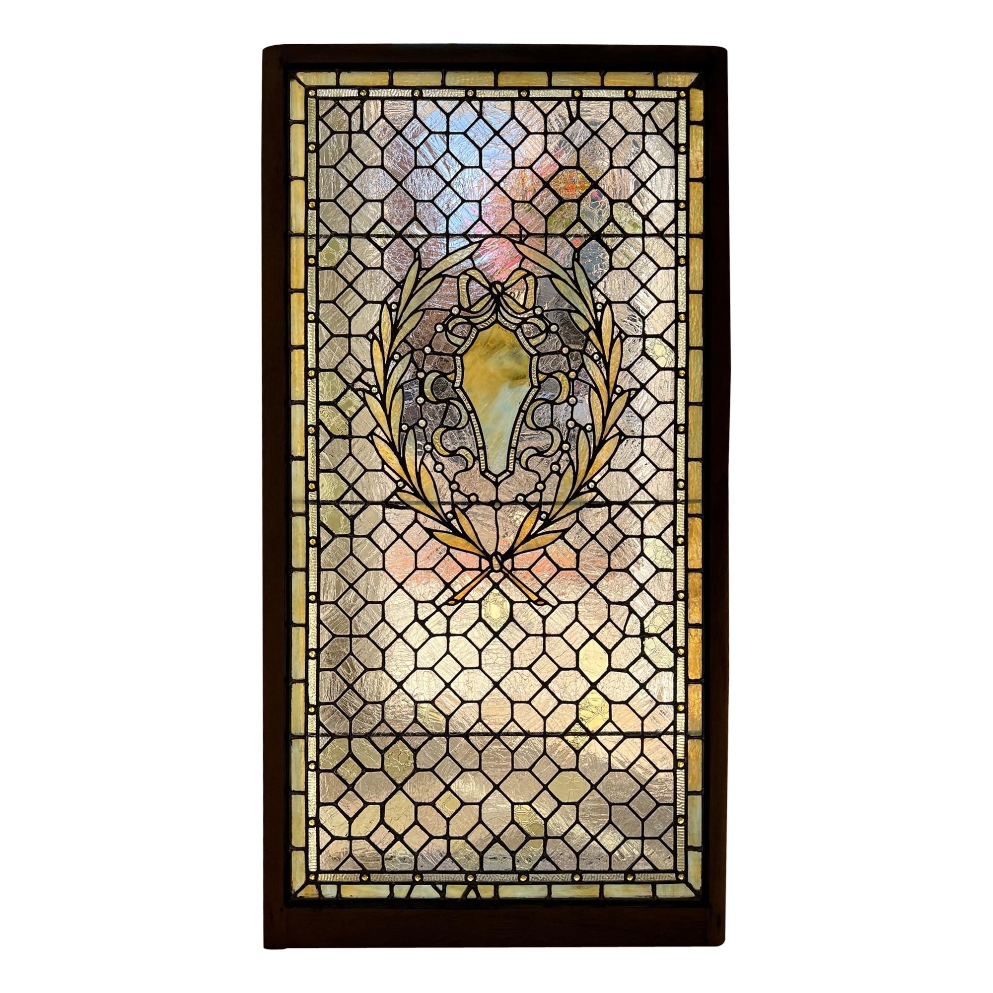 Early 20th Century Antique Stained Glass Window, Jewels in Original Wood Frame