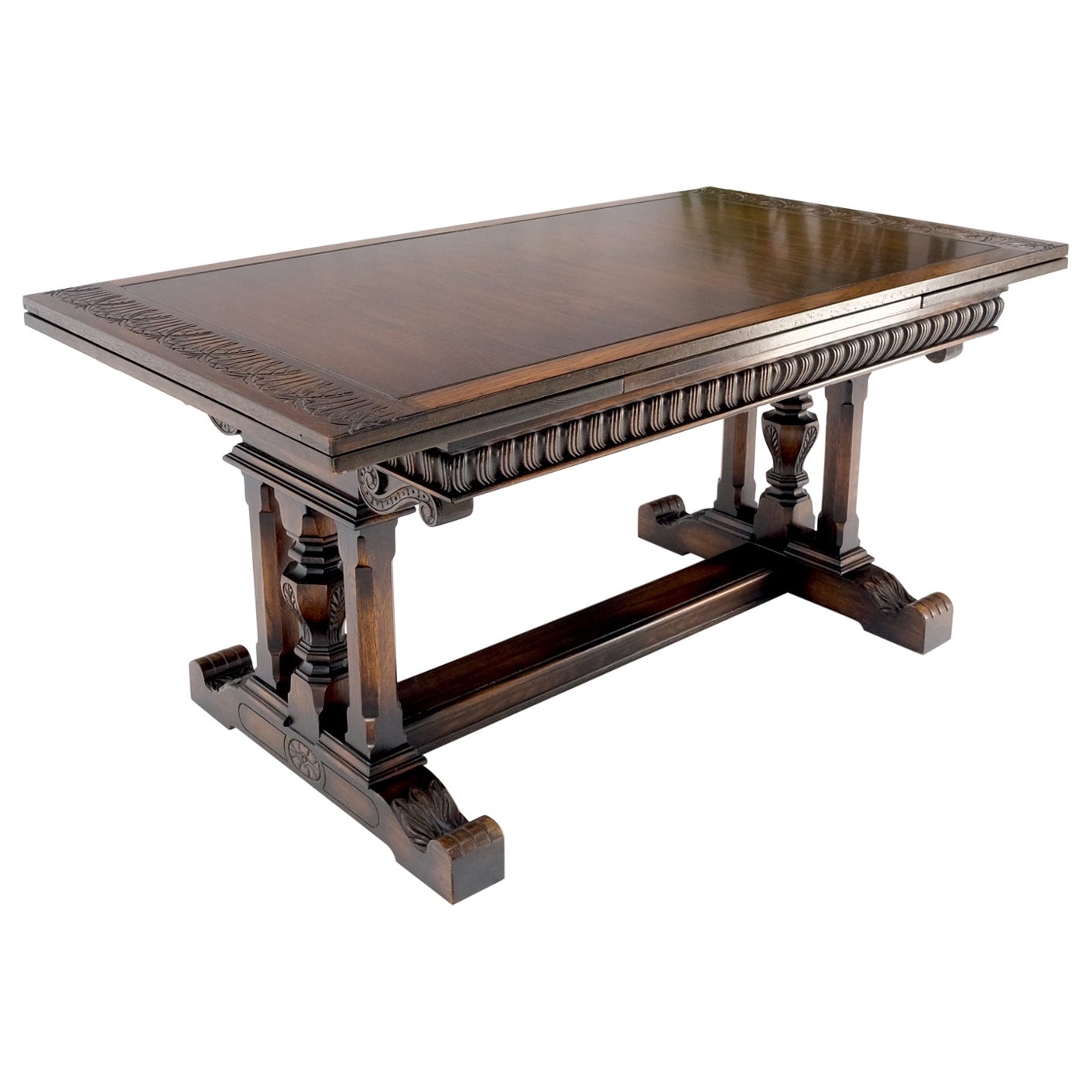 Carved Oak Jacobean Style Refectory Trestle Base Dining Farm Table MINT! For Sale