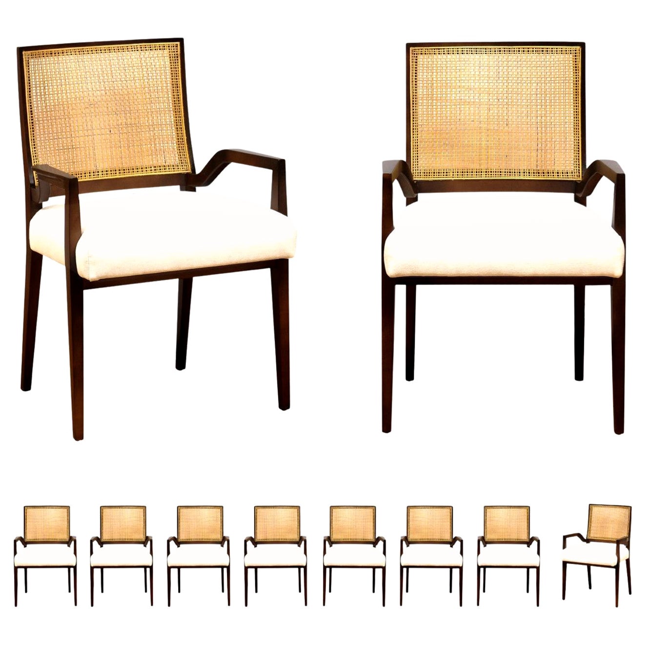 All Arms, Unrivaled Set of 8 Cane Dining Chairs by Michael Taylor, circa 1960 For Sale
