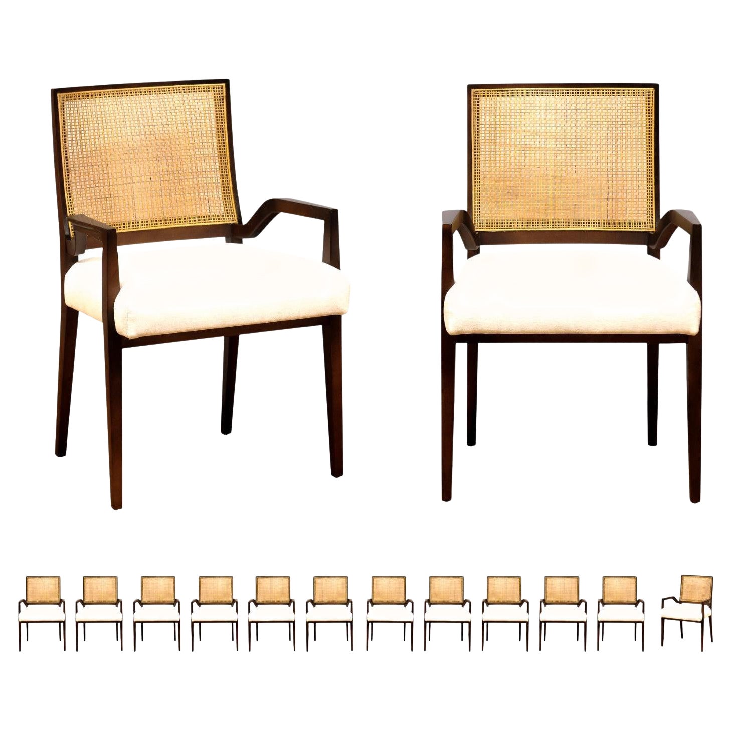 All Arms, Unrivaled Set of 12 Cane Dining Chairs by Michael Taylor, circa 1960 For Sale