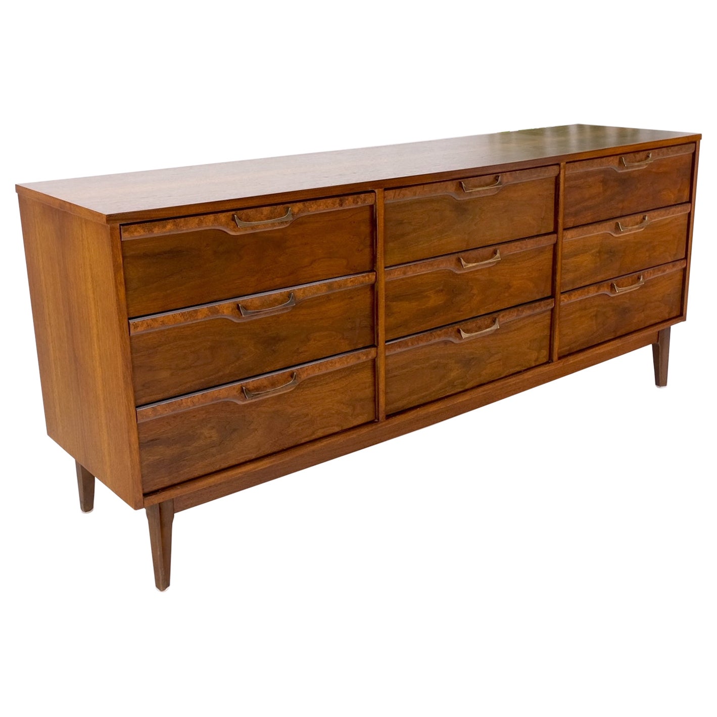 American Walnut Burl Mid-Century Modern 9 Drawers Dresser Credenza Cabinet MINT! For Sale