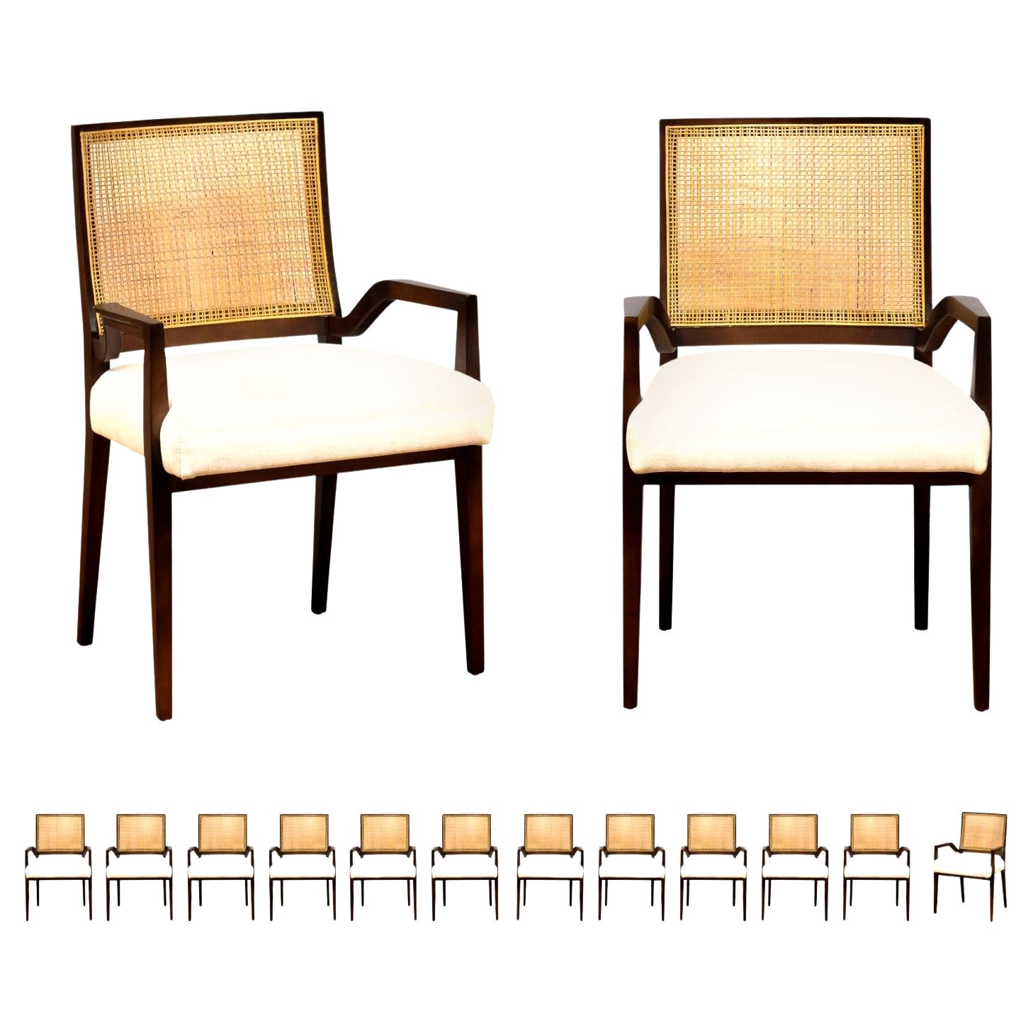 All Arms, Unrivaled Set of 14 Cane Dining Chairs by Michael Taylor, circa 1960 For Sale