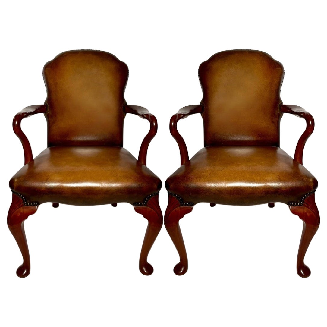 Pair Antique English Queen Anne Mahogany Armchairs with New Leather, Circa 1890 For Sale