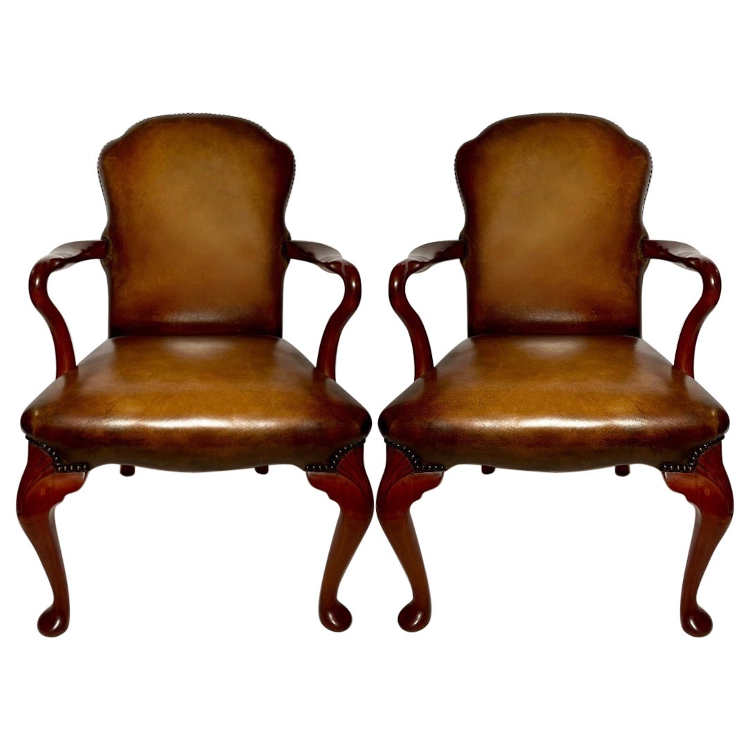 Pair Antique English Queen Anne Mahogany Armchairs with New Leather, Circa 1890