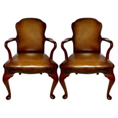 Pair Antique English Queen Anne Mahogany Armchairs with New Leather, Circa 1890