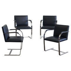 Mies Van Der Rohe for Knoll Brno Chairs in Black Leather Flat Bar, Set of 4