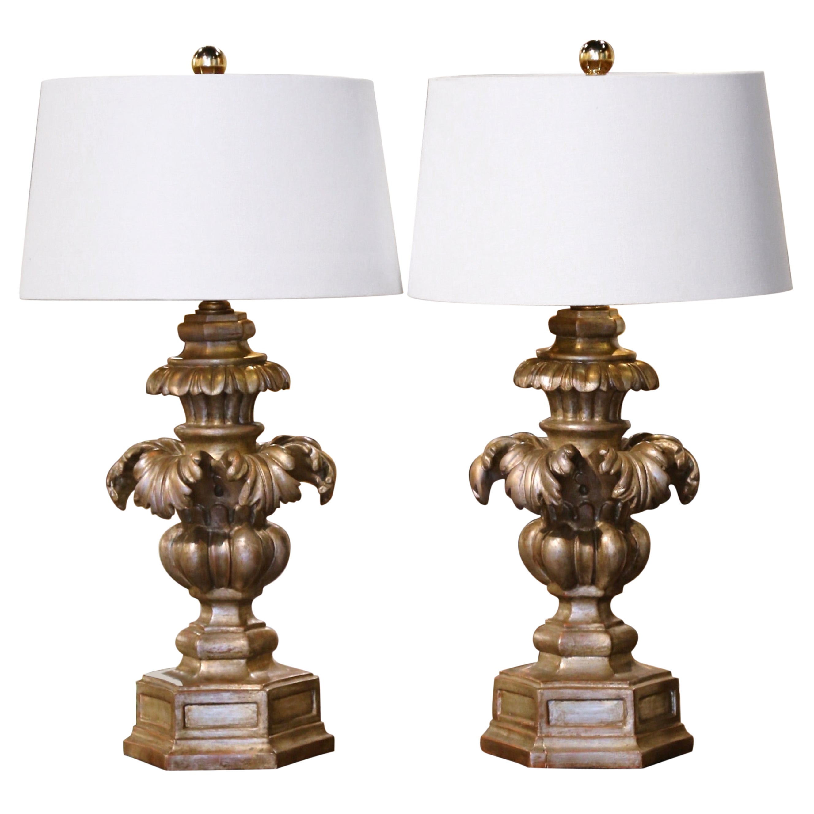 Pair of Mid-Century Italian Carved Silvered Table Lamps with Shades For Sale