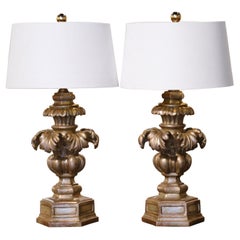 Pair of Mid-Century Italian Carved Silvered Table Lamps with Shades