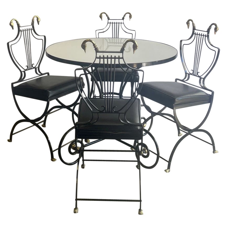 To Swoon Over Maison Jansen Dining Set with Round Table and 4 Lyre Motif Chairs For Sale