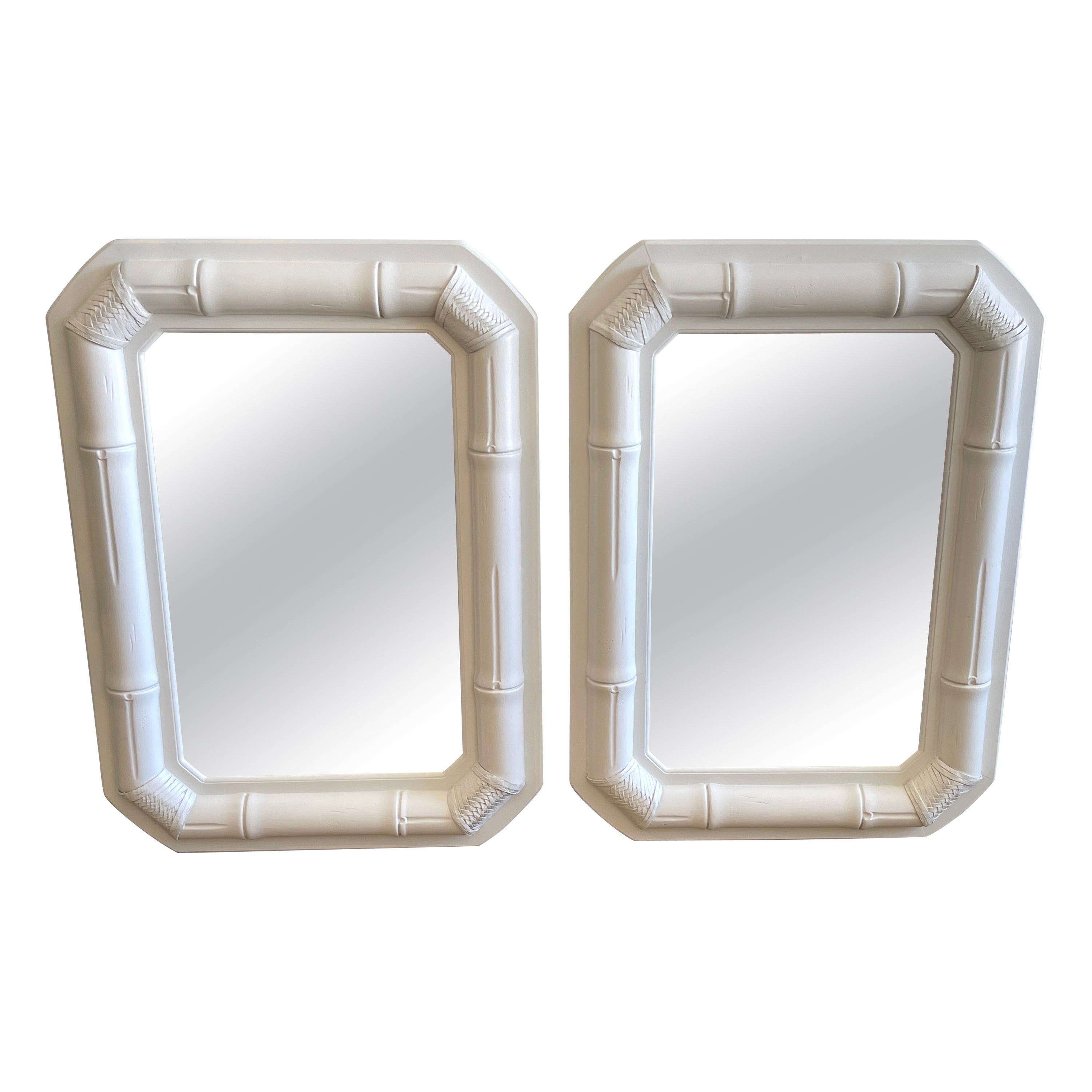 70s Coastal Modern White Lacquered Bamboo & Leather Wrapped Mirror, 2 Available  For Sale