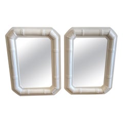 70s Coastal Modern White Lacquered Bamboo & Leather Wrapped Mirror, 2 Available 
