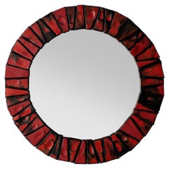 Midcentury Red Ceramic Tiled Round Wall Mirror 