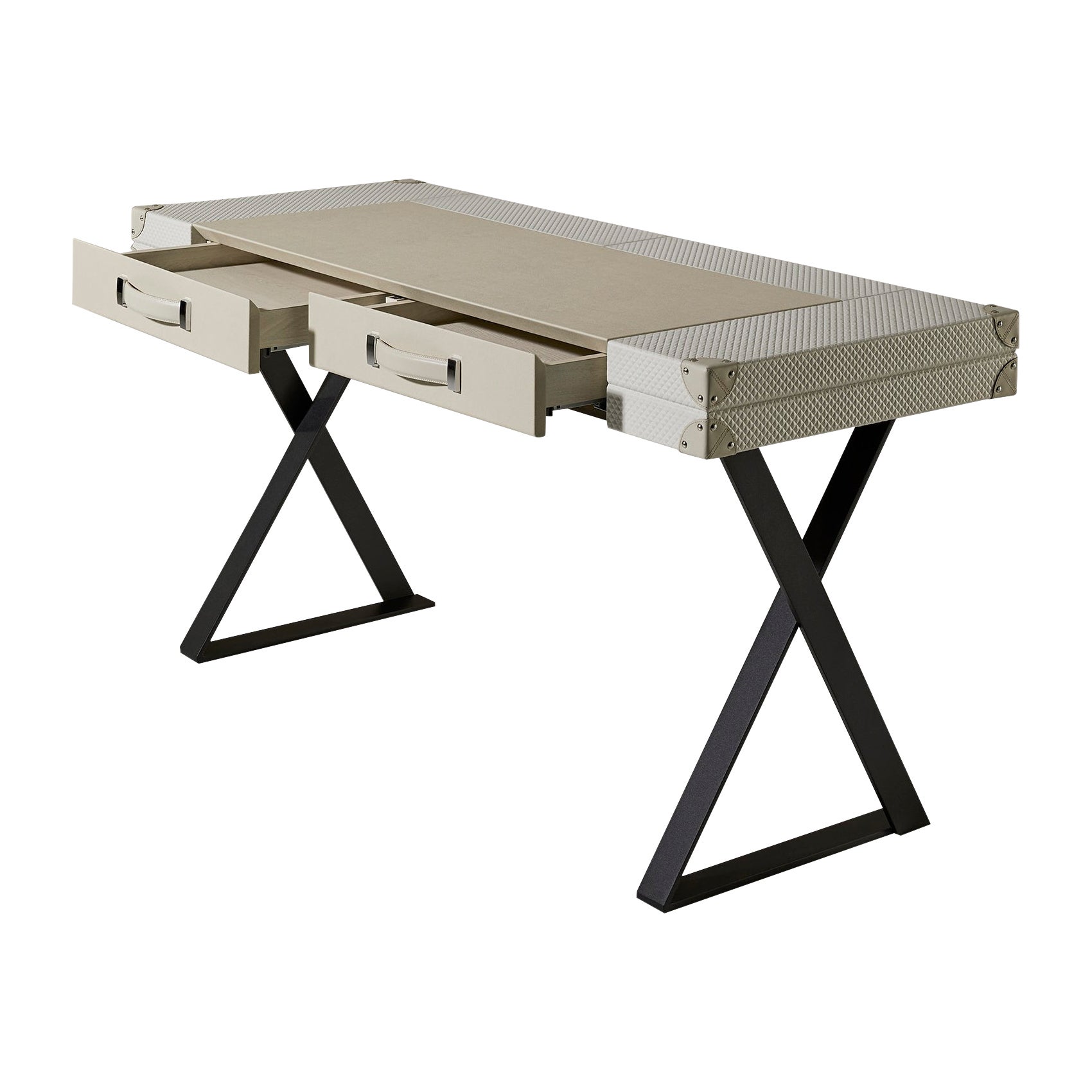Handgefertigter Schreibtisch aus graviertem Leder und Stahl in maßgefertigter Ausführung im Angebot