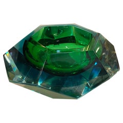 1970s Seguso Modernist Green and Blue Faceted Murano Glass Big Bowl