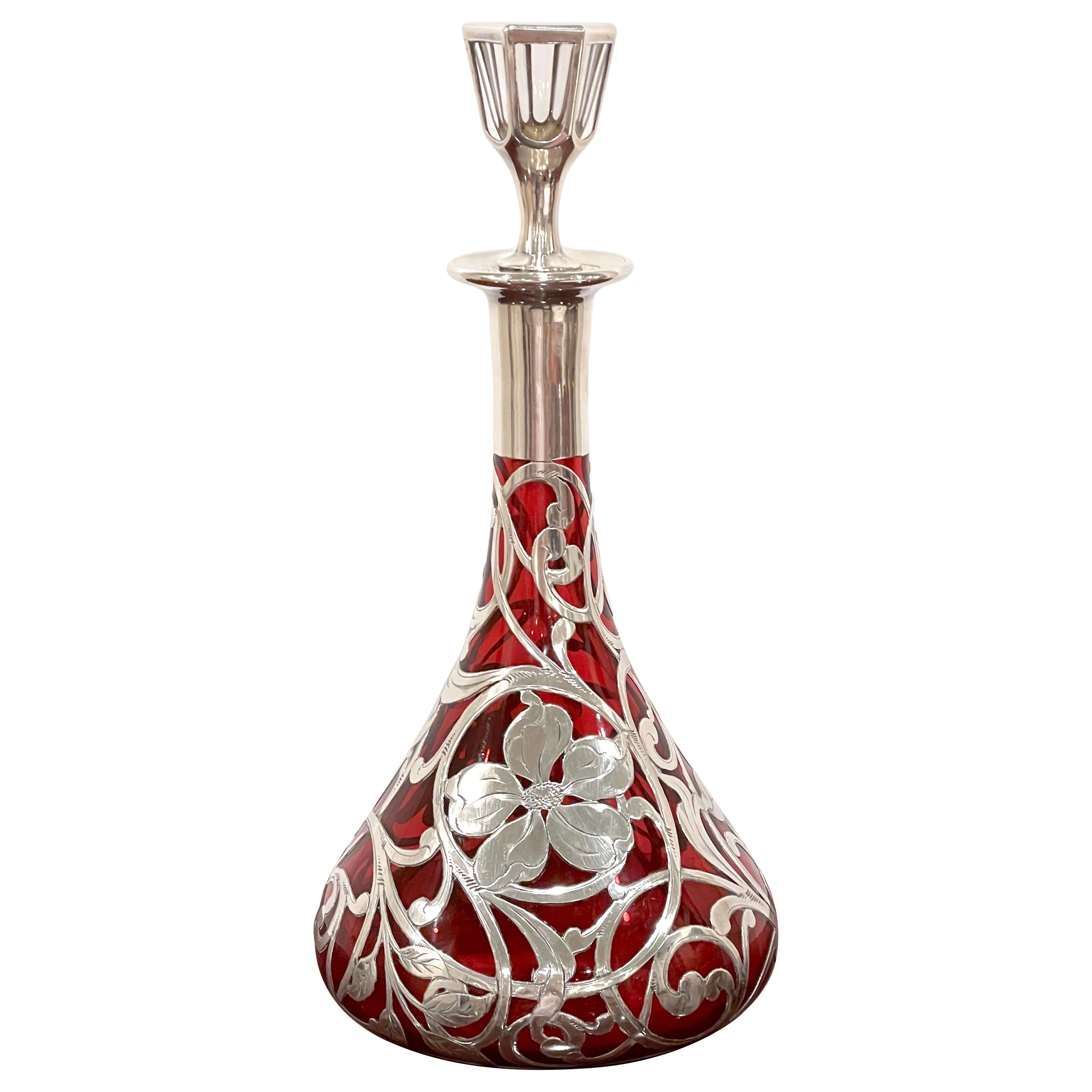 Art Nouveau Red Glass Silver Overlay Decanter by La Pierre Silver Co
