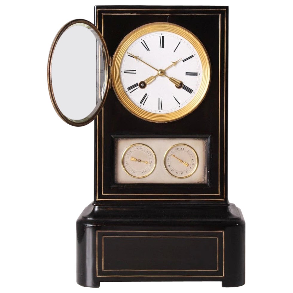 19th Century Table Clock with Calendar, Ebonized Wood, France, circa 1840-1860