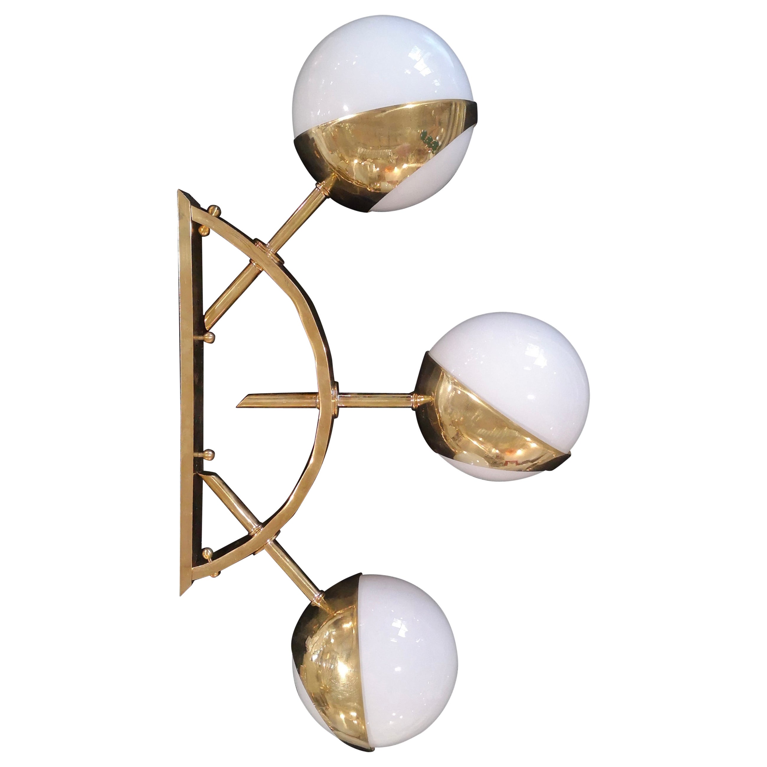 Murano Semicircle Art White Glass and Brass MidCentury Wall Light, 2000 For Sale