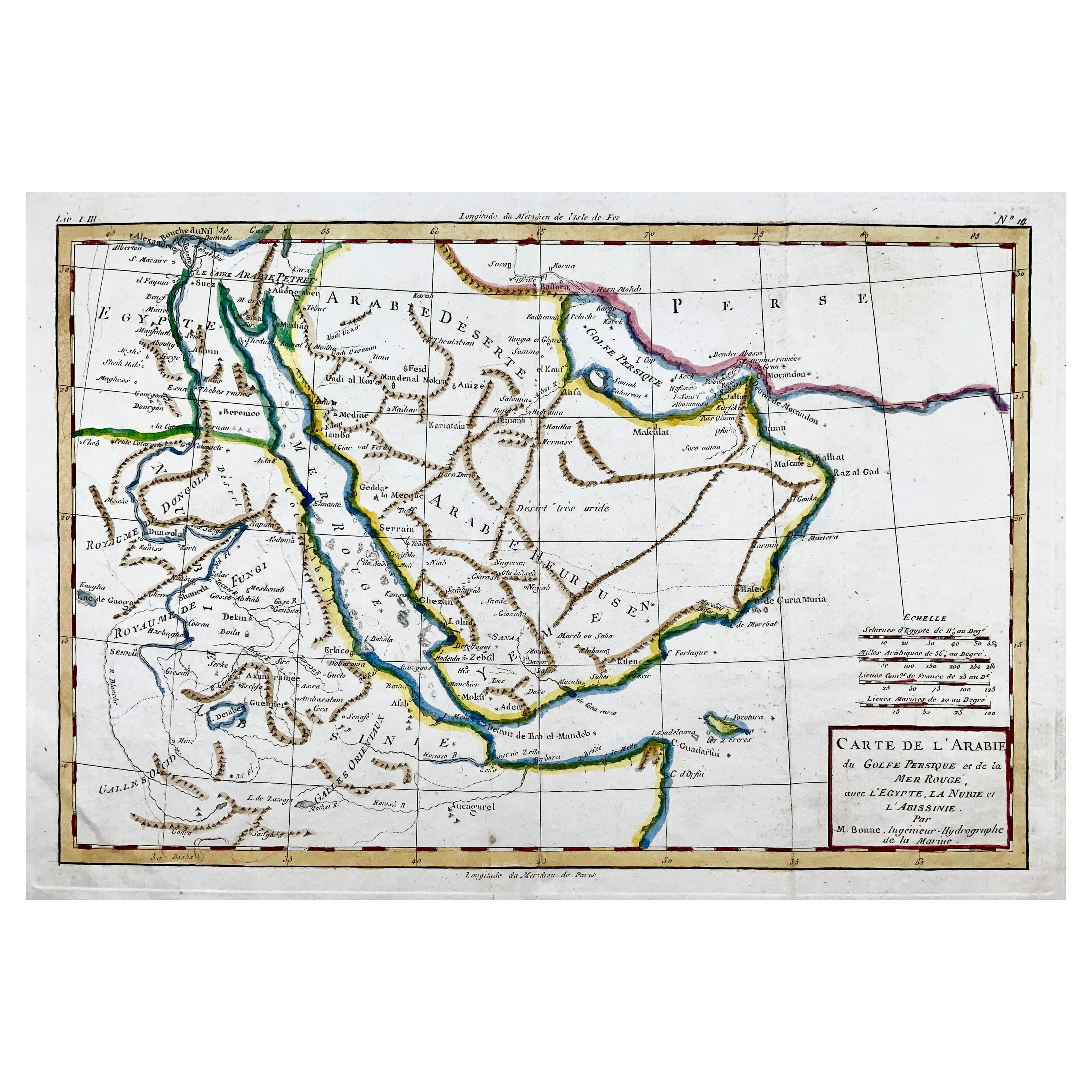 Bonne, Karte des Nahen Osten, Persien, Rotes Meer, Ägypten, Nubia, handkoloriert
