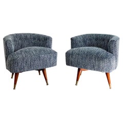 Pair of Mid-Century Low Back Swivel Chairs w/ New Blue Tweed Upholstery