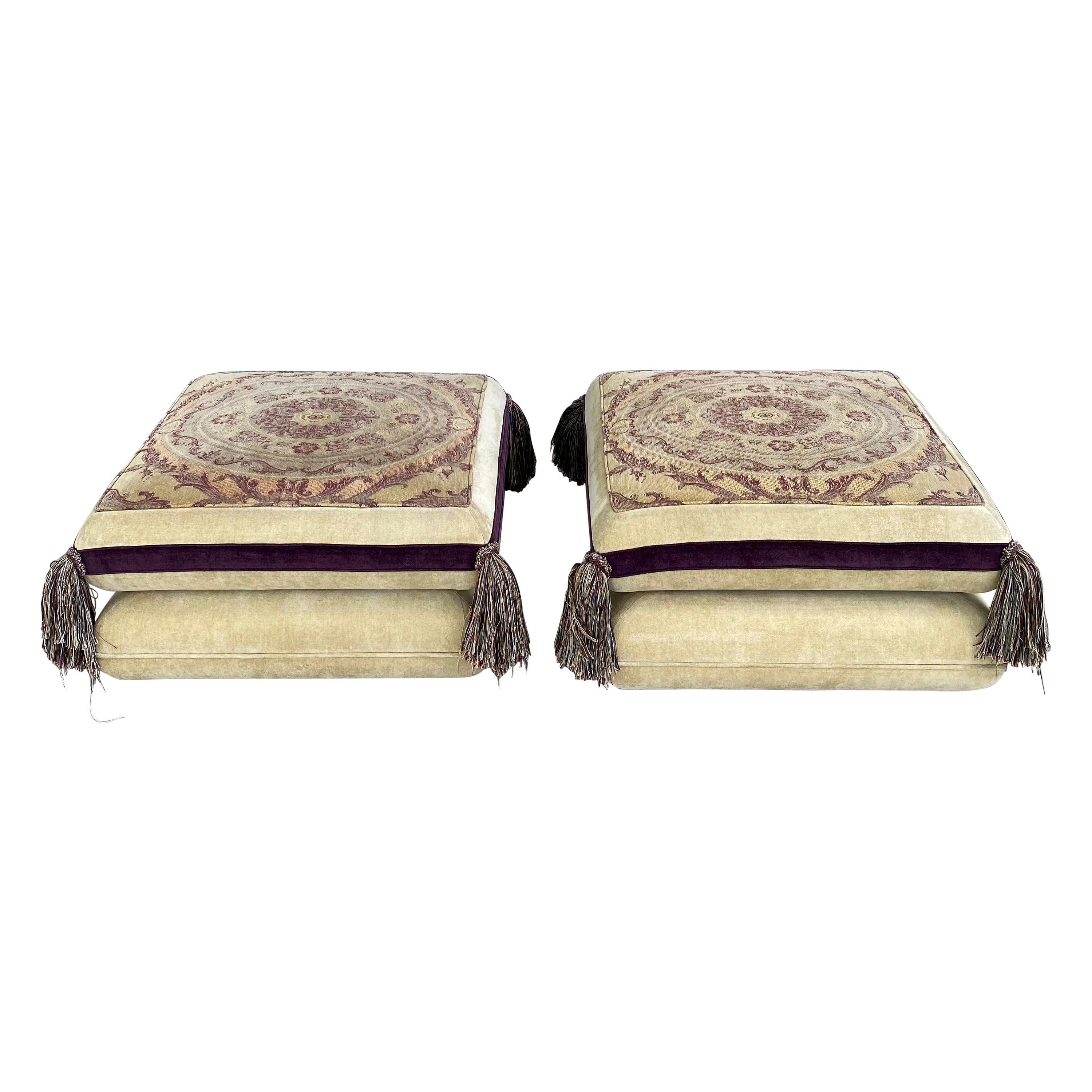 Rare Roche Bobois Mah Jong Style Floor Pillowtop Ottoman Stools, Set of 2