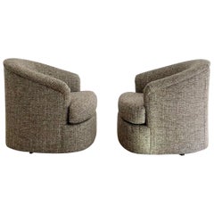 Pair of Vintage Swivel Lounge Chairs w/ New Beige Tweed Upholstery