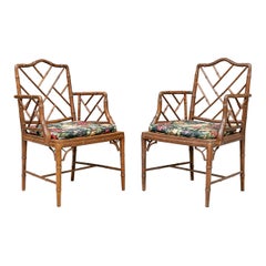 Pair of Chippendale Style Bamboo Form Armchairs with Cane Seats