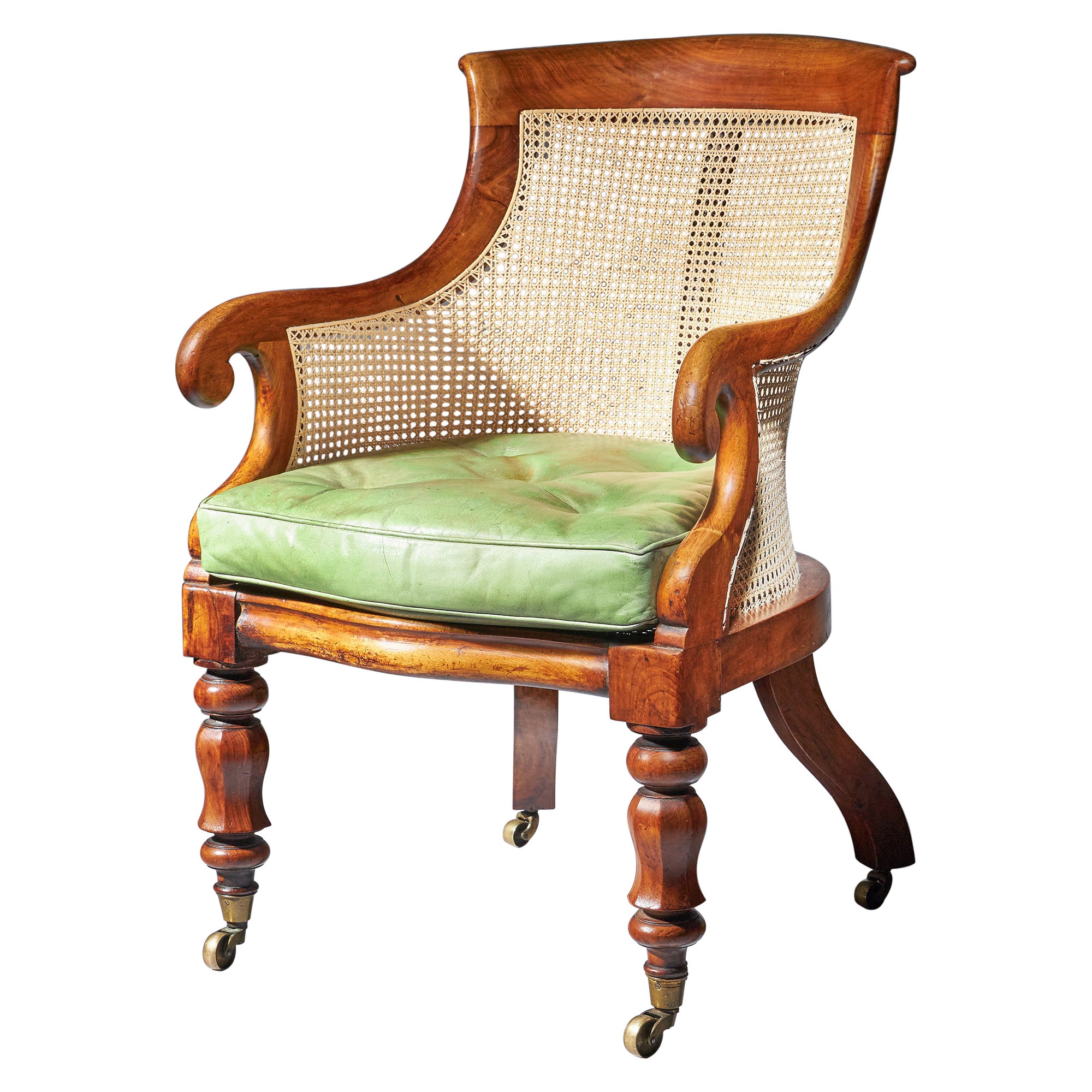 19th Century William IV Mahogany Bergère Armchair with Leather Cushion For Sale