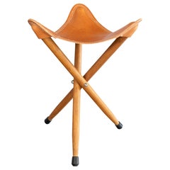 Mid-Century French Hermès Style Leather Tripod Folding Stool